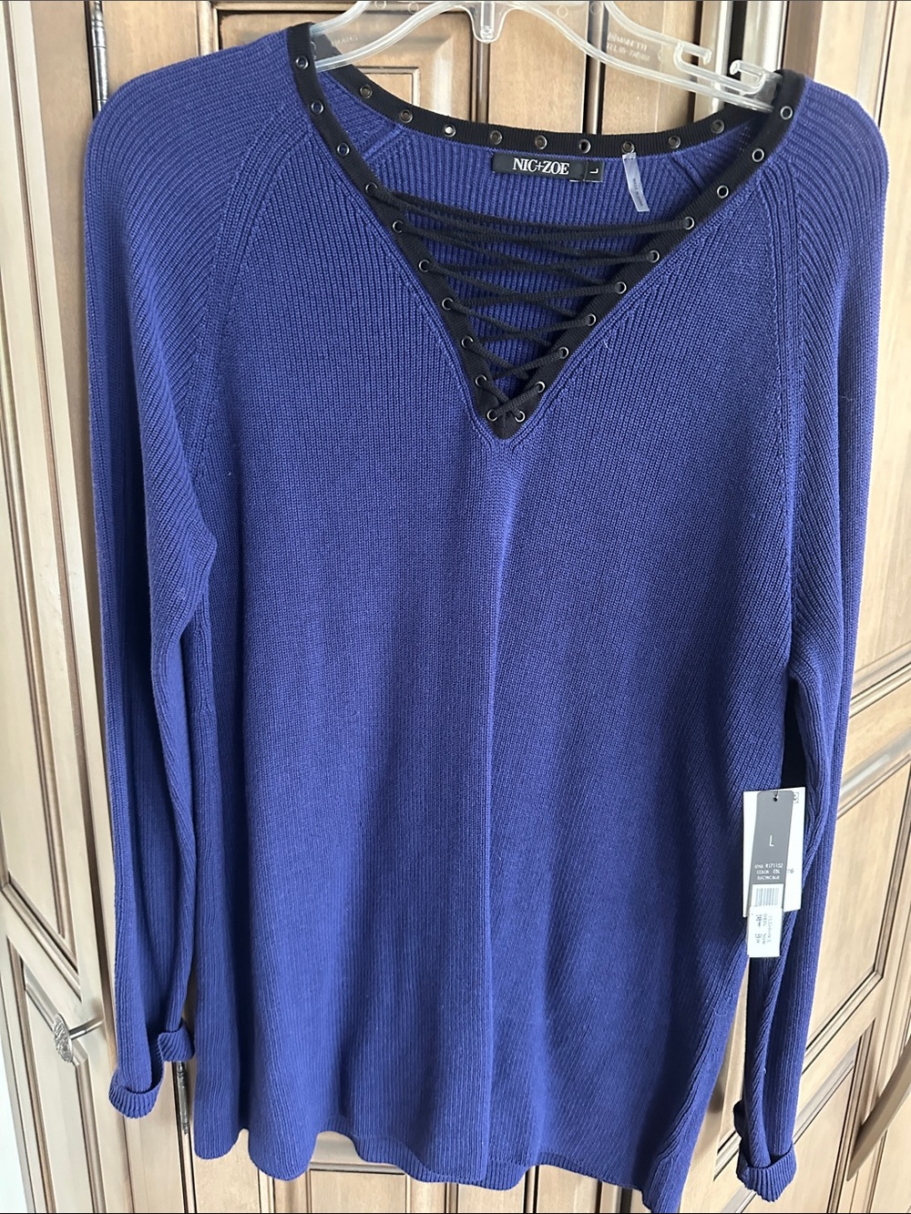 NIC+ZOE Lace-Up V-Neck Sweater in Cobalt Blue